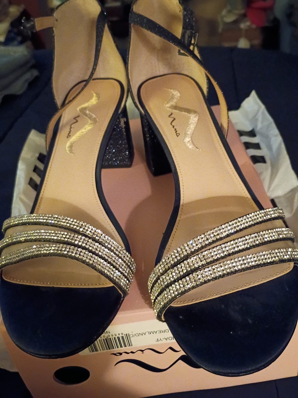 Nina Black and Gold Embellished Block Heel Sandals
